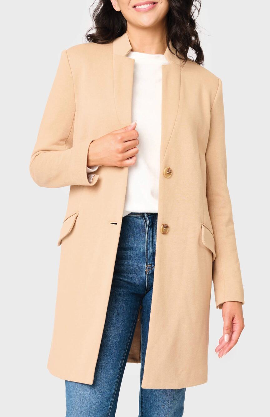 Gibsonlook Womens XSDark Beige Notch Collar Knit Topper Jacket Longline Luxe NEW